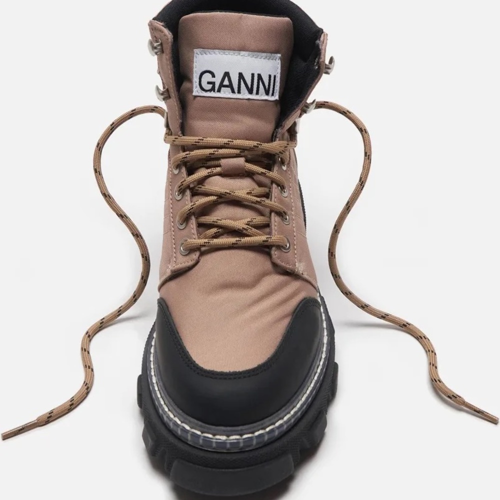 Ganni Beige and Black Lace-Up Cleated Boots